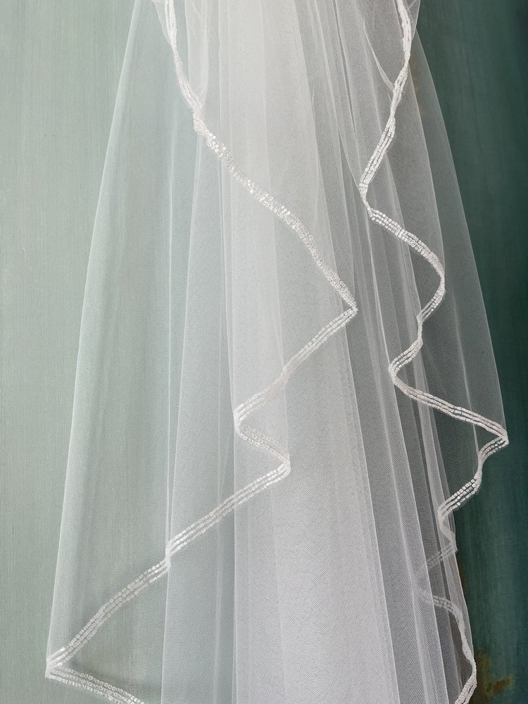 Sparkle seed bead trimmed angel wing cut Coral bridal veil by